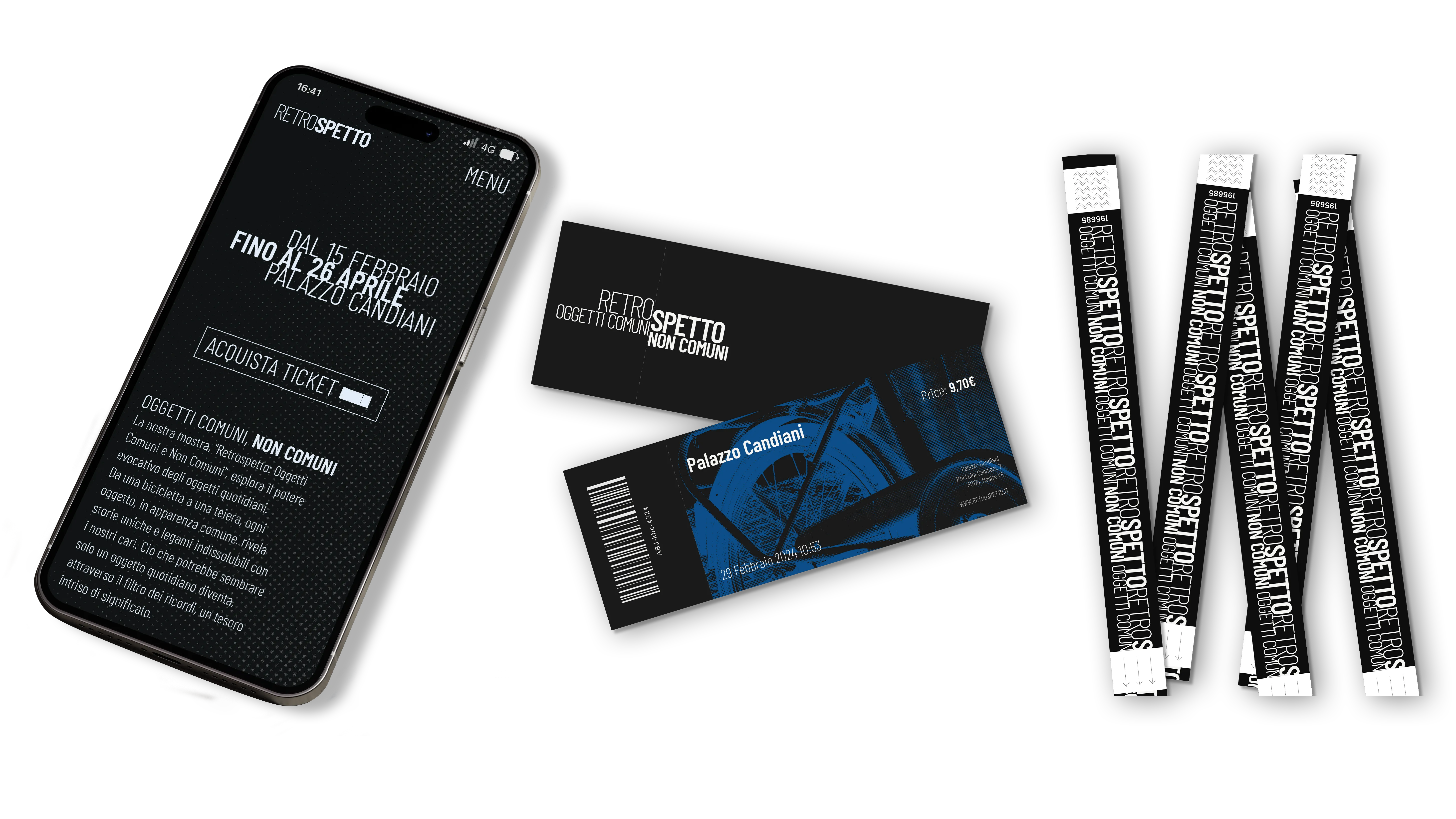 RETROSPETTO phone mockup and tickets
